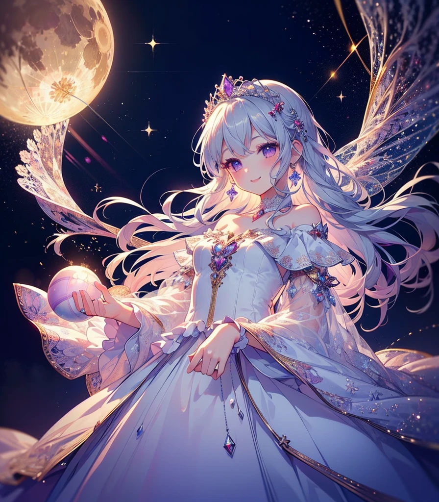(Highest quality, masterpiece, Very detailedな, Very detailed, Exquisite, 16K,Full HD),A little closer,Golden Ratio,Dramatic lighting,pastel colour,Soft lighting, ((alone:1.5)),full moon,Starry Sky,meteor群,meteor,((head shot,Photo from the shoulders up)),(princess, Purple eyes, Long eyelashes,White skin,slim,pale pink plump lips,Pale pink cheeks, The wind is blowing,White fluffy hair,thin and long,(thin and high nose,Small Nose,Silver decoration,Diamond Tiara,Diamond Earrings,Diamond Earrings,Diamond Choker,(silver ball gown dress:1.1), Silver lace and frills,(smile:1.2), (Fantasy, Romantic atmosphere), Magic Light,ice magic,