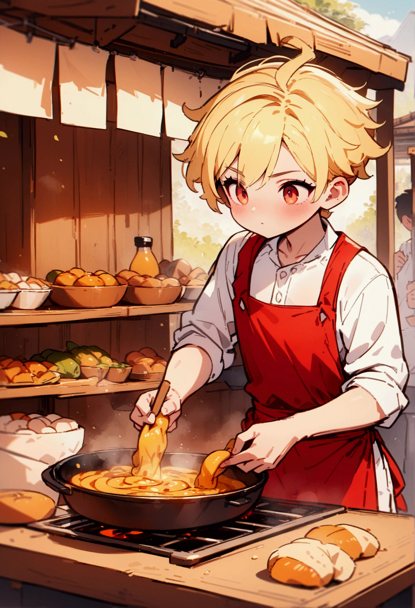 best quality, masterpiece, 8K, HD, young man with blond hair, wearing white shirt and red apron, cooking delicious food, behind a roadside stall, front view, vibrant colors, highly detailed