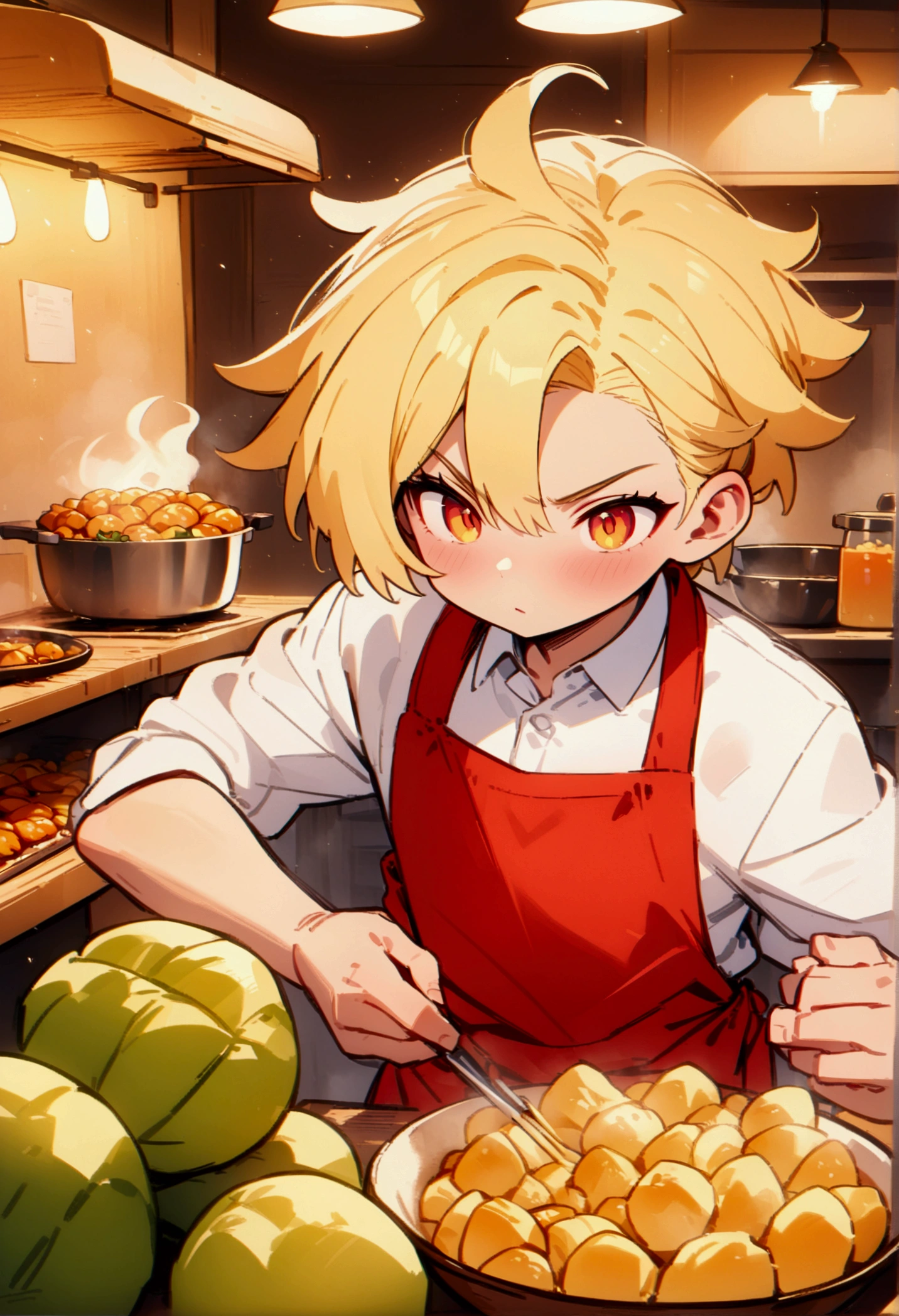 best quality, masterpiece, 8K, HD, young man with blond hair, wearing white shirt and red apron, cooking delicious food, behind a roadside stall, front view, vibrant colors, highly detailed