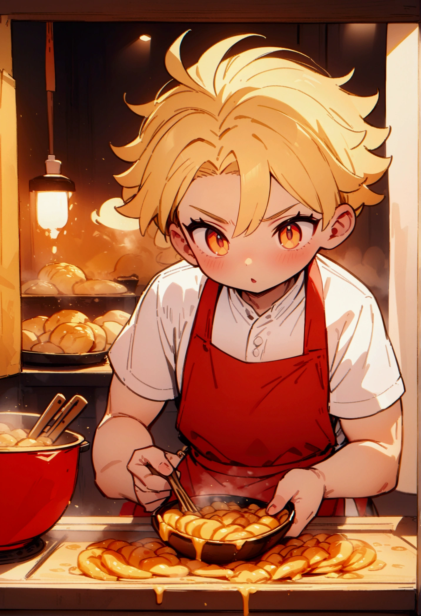 best quality, masterpiece, 8K, HD, young man with blond hair, wearing white shirt and red apron, cooking delicious food, behind a roadside stall, front view, vibrant colors, highly detailed