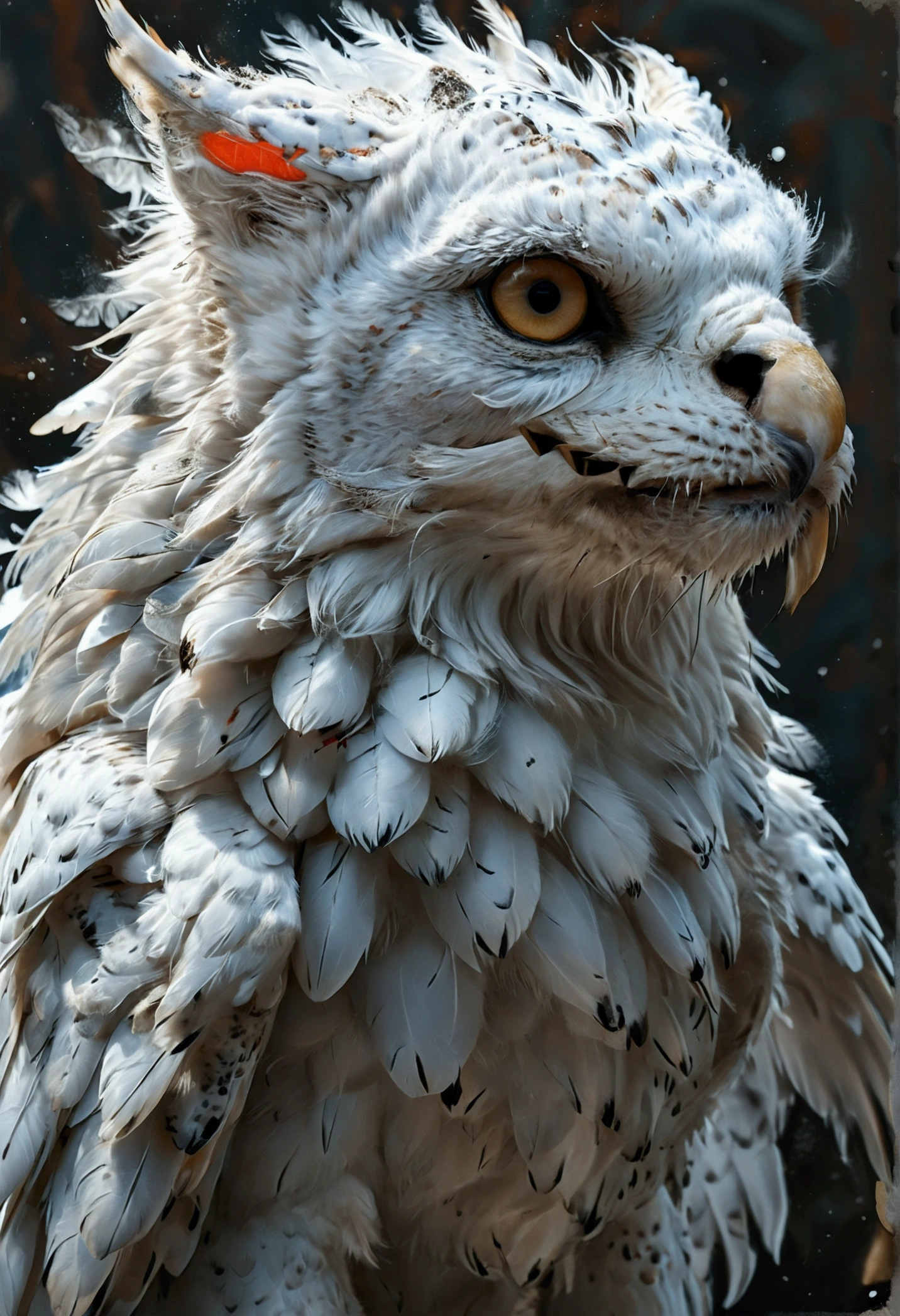 A mythical creature, a type of gryphon, head of a lion, front legs of a snow owl, wings of a snow owl, body of a snow leapord. Large regal, gritty sketch book style, large over sized canine teeth.