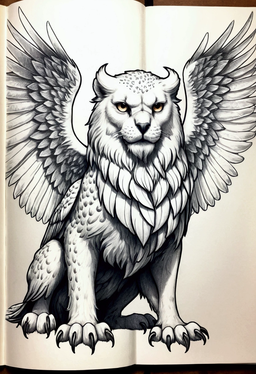 A mythical creature, a type of gryphon, head of a lion, front legs of a snow owl, wings of a snow owl, body of a snow leapord. Large regal, gritty sketch book style, large over sized canine teeth. 