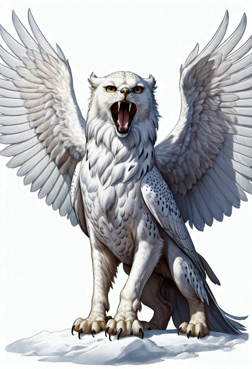 A mythical creature, a type of gryphon, head of a lion, front legs of a snow owl, wings of a snow owl, body of a snow leapord. Large regal, gritty sketch book style, large over sized canine teeth.