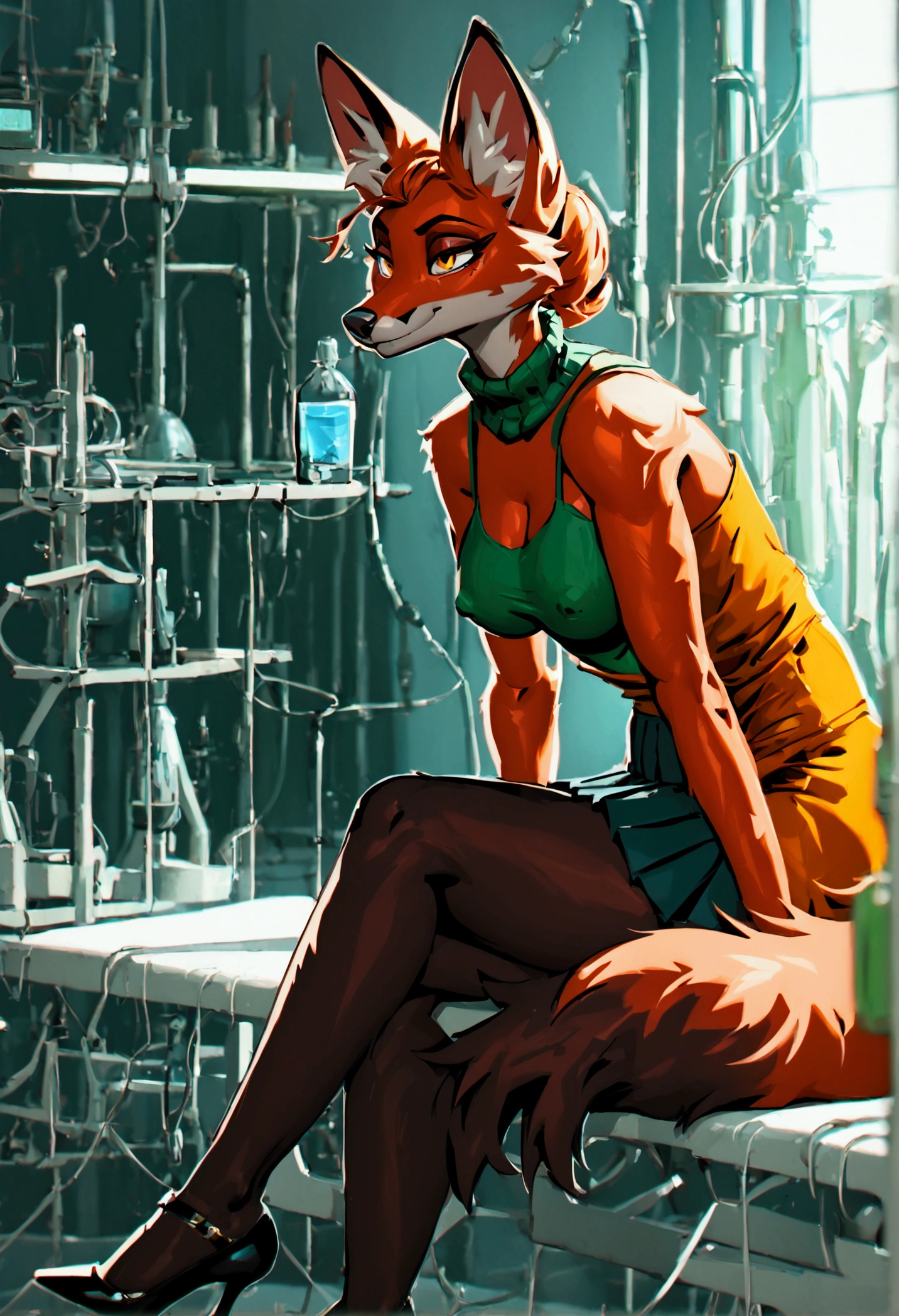 mature female, furry fox, vixen, (dark red fur:1.6), gray pleated skirt, green turtleneck sweater, black heels, large breasts, (nipple outline:0.95), thick thighs, huge ass, hyper hips, narrow waist, hourglass figure, (no hair:1.4), golden eyes, laboratory, casual pose, masterpiece, highres, 4k, by darkgem, by meesh, by boosterpang,