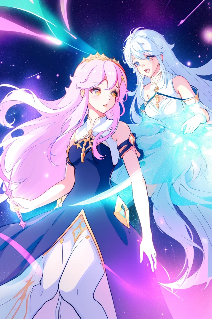 beautiful anime girl in white princess ball gown, vibrant pastel colors, (colorful), magical lights, golden long hair made of liquid light, sparkling Lichtlinien, inspired by Glen Keane, inspired von Lois van Baarle, Disney Art Style, von Lois van Baarle, glowing aura around her, by Glen Keane, jen bartel, Shining lights! digital drawing, flowing, shiny Haar, shiny, flowing hair, beautiful digital illustration, Fantasies-Hintergrund, fantastical, magical, Fantasies, pretty face, ((​masterpiece, best quality)), Intricate detailing, muito detalhado, keen focus, 8k resolution, sparkling, detailled eyes, liquid watercolor