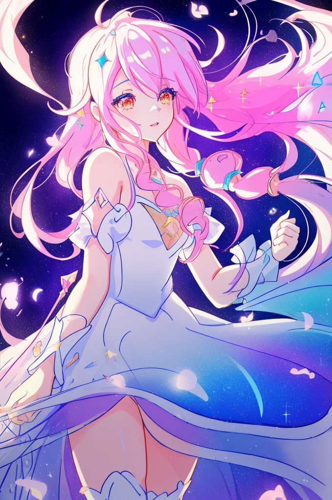 beautiful anime girl in white princess ball gown, vibrant pastel colors, (colorful), magical lights, golden long hair made of liquid light, sparkling Lichtlinien, inspired by Glen Keane, inspired von Lois van Baarle, Disney Art Style, von Lois van Baarle, glowing aura around her, by Glen Keane, jen bartel, Shining lights! digital drawing, flowing, shiny Haar, shiny, flowing hair, beautiful digital illustration, Fantasies-Hintergrund, fantastical, magical, Fantasies, pretty face, ((​masterpiece, best quality)), Intricate detailing, muito detalhado, keen focus, 8k resolution, sparkling, detailled eyes, liquid watercolor