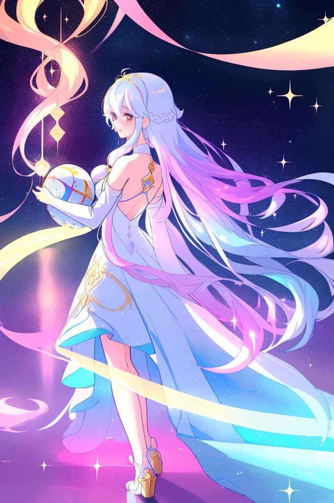 beautiful anime girl in white princess ball gown, vibrant pastel colors, (colorful), magical lights, golden long hair made of liquid light, sparkling Lichtlinien, inspired by Glen Keane, inspired von Lois van Baarle, Disney Art Style, von Lois van Baarle, glowing aura around her, by Glen Keane, jen bartel, Shining lights! digital drawing, flowing, shiny Haar, shiny, flowing hair, beautiful digital illustration, Fantasies-Hintergrund, fantastical, magical, Fantasies, pretty face, ((​masterpiece, best quality)), Intricate detailing, muito detalhado, keen focus, 8k resolution, sparkling, detailled eyes, liquid watercolor