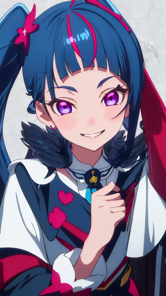 Highest quality, Very detailed,One Girl, alone, {cure_null_hirogarunullprecure:1.15}, Dark blue hair, blue eyes, Blue flames in the eyes, Long Hair, Twin tails, Magical girl, bangs, Open your mouth, Redhead, multicoloRedhead, One Girl, blunt bangs, Darken your clothes, hair ornaments, Wicked Smile, devilish aura (Shiny fabric:1.5), Full Body Shot, Purple Gemstone, attractive, blush, (Beautiful attention to detail:1.6), Very detailed顔, Perfect lighting, Extremely detailed CG, (Perfect hands, Perfect Anatomy), devil, Red and black color scheme, Shiny material, Grin, blackリボン, blackのサテン手袋, Evil clover leaf ornament, blackのフリル, jewelry, corruption, Latex Gloss, blackのゴシックマント, Wicked Smile, 背景を暗blackの世界, Red Moon, cloudy null, CG Style, One-sided black wing,Dark shadowed face,Sadistic smile,Malice,Contempt,smile,black