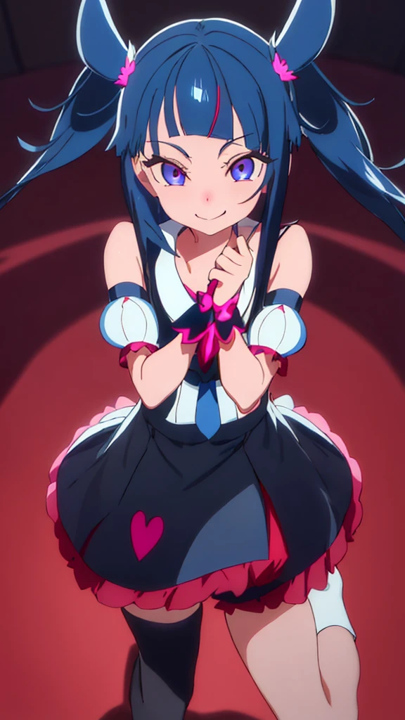 Highest quality, Very detailed,One Girl, alone, {cure_null_hirogarunullprecure:1.15}, Dark blue hair, blue eyes, Blue flames in the eyes, Long Hair, Twin tails, Magical girl, bangs, Open your mouth, Redhead, multicoloRedhead, One Girl, blunt bangs, Darken your clothes, hair ornaments, Wicked Smile, devilish aura (Shiny fabric:1.5), Full Body Shot, Purple Gemstone, attractive, blush, (Beautiful attention to detail:1.6), Very detailed顔, Perfect lighting, Extremely detailed CG, (Perfect hands, Perfect Anatomy), devil, Red and black color scheme, Shiny material, Grin, blackリボン, blackのサテン手袋, Evil clover leaf ornament, blackのフリル, jewelry, corruption, Latex Gloss, blackのゴシックマント, Wicked Smile, 背景を暗blackの世界, Red Moon, cloudy null, CG Style, One-sided black wing,Dark shadowed face,Sadistic smile,Malice,Contempt,smile,black