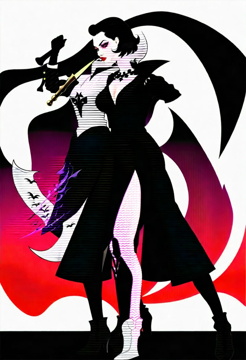 Two demon hunters, a girl with short black hair in youthful 1950s rock and roll female fashion with black boots, and a tall boy with short hair dressed in rockabilly 1950s attire, engaged in battle against another demon huntress. The opposing huntress, a pale-skinned girl with black hair, gray eyes, black lips, exuding a gothic vampire aesthetic, clad in formal dark 1950s attire, wields a large sword. The scene captures a 2 vs. 1 fight pose between the three, detailed digital art showcasing the intense battle between the demon hunters and the gothic vampire huntress, --ar 16:9
