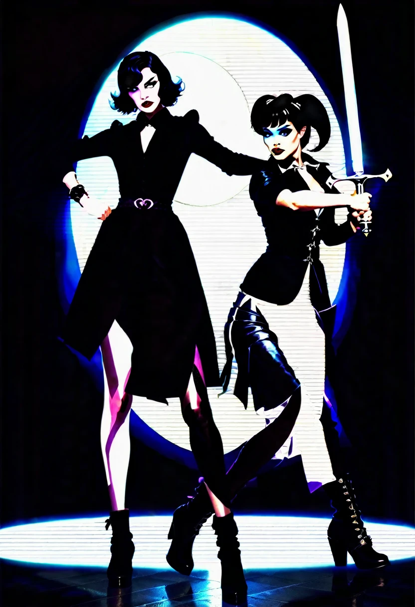 Two demon hunters, a girl with short black hair in youthful 1950s rock and roll female fashion with black boots, and a tall boy with short hair dressed in rockabilly 1950s attire, engaged in battle against another demon huntress. The opposing huntress, a pale-skinned girl with black hair, gray eyes, black lips, exuding a gothic vampire aesthetic, clad in formal dark 1950s attire, wields a large sword. The scene captures a 2 vs. 1 fight pose between the three, detailed digital art showcasing the intense battle between the demon hunters and the gothic vampire huntress, --ar 16:9