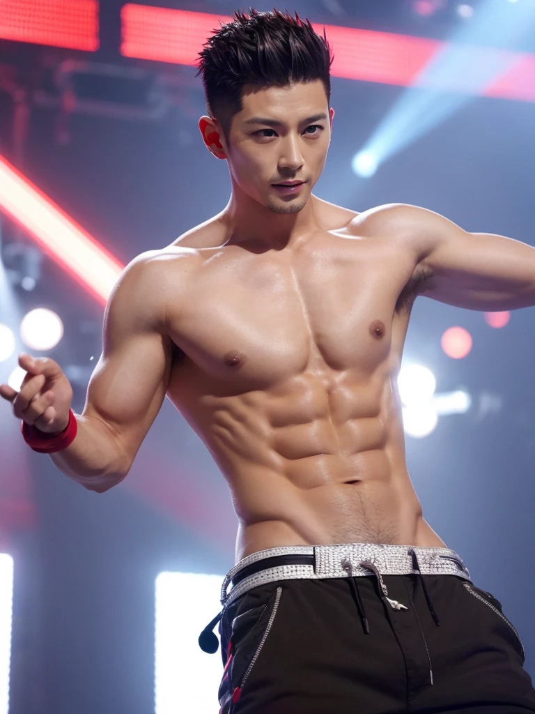 35 year old male idol, of Chinese-Japanese ethnicity, short hair shaved on the sides, with red tips, shirtless and marked abs, main vocalist and great dancer.