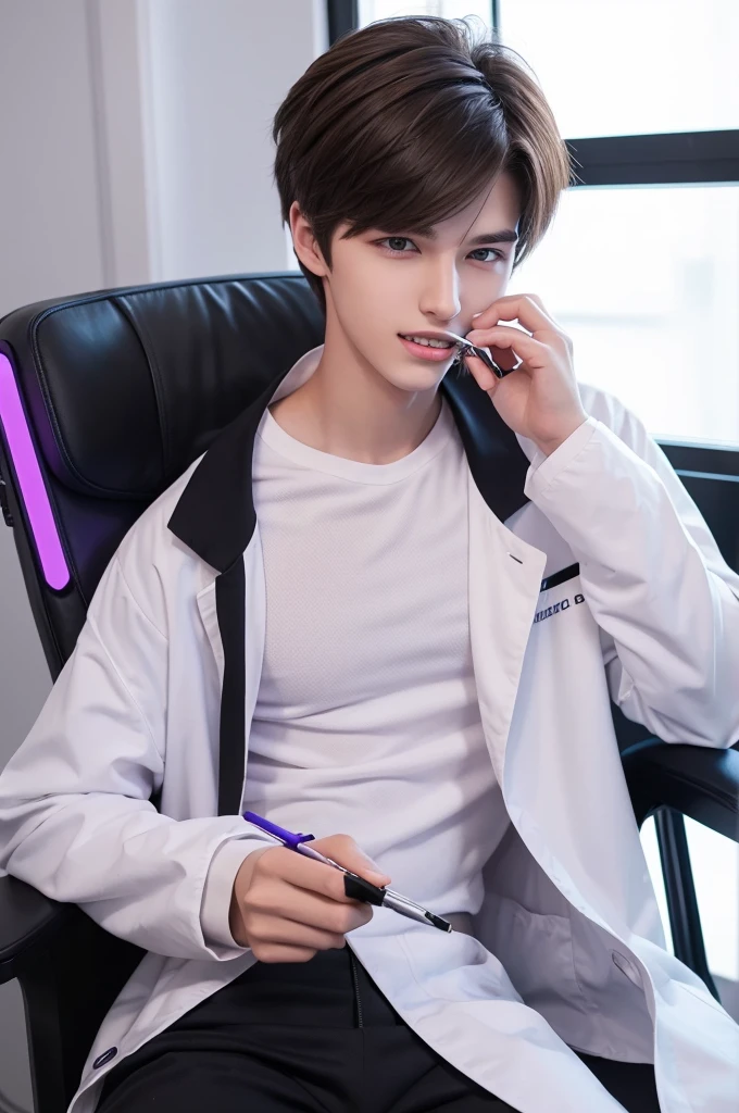 Refreshing young man
Beautiful young man
20 years old
slender
Brown hair
Purple eyes
Cyber Laboratory
Dark near-future lab
White lab coat
Chewing a pen
Biting a ballpoint pen with teeth
Thinking
Turn your body to the right
right side
Sit down
Plush black chair
hair down in front of head