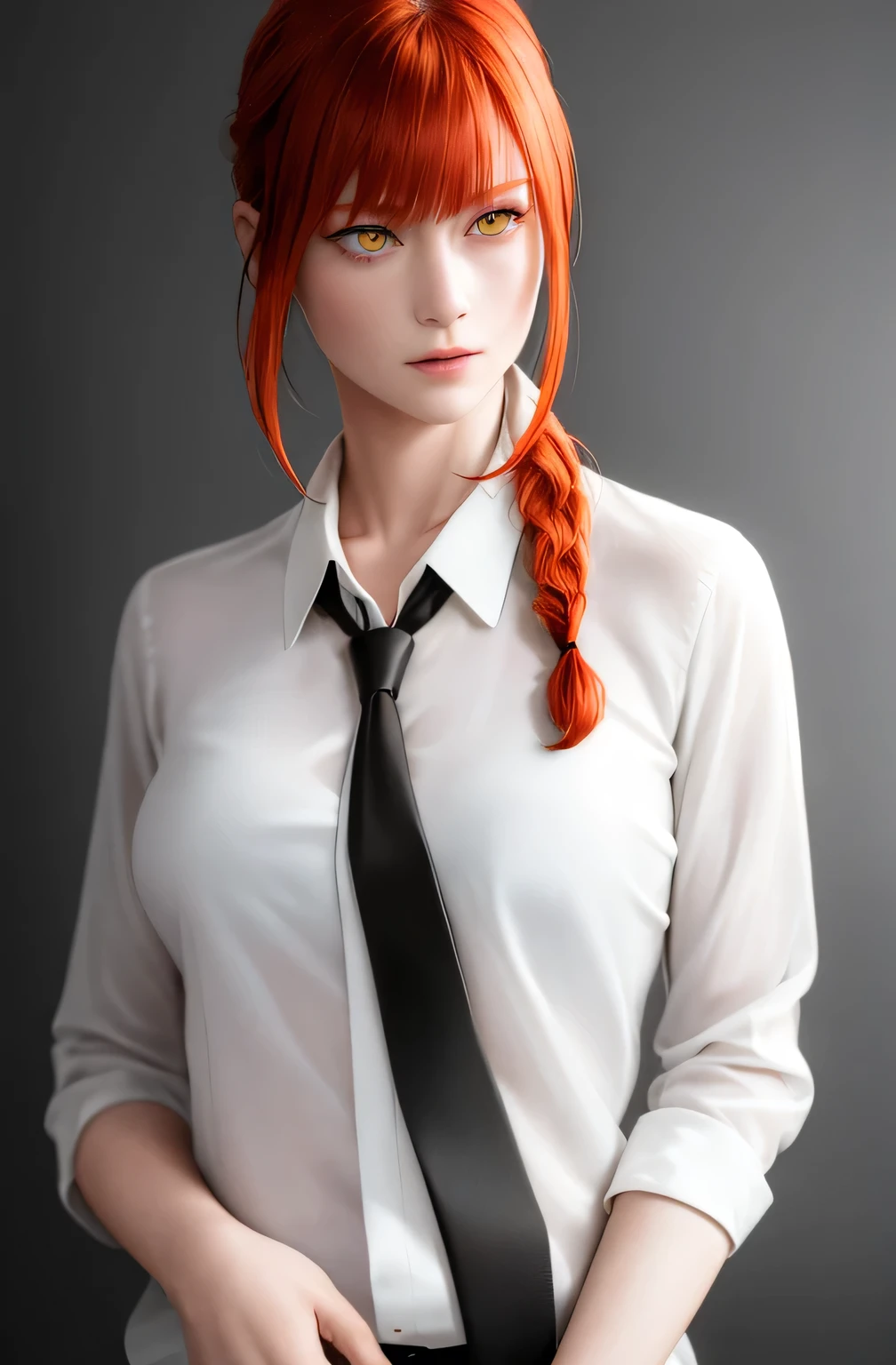 masterpiece, (Realistic:1.4), Highest quality, Beautiful lighting,
(Urzan-6500:0.5), hand \(Chainsaw Man\), (Redhead)+(Long braided hair)+(bangs), Yellow Eyes, Golden Eyes, ((The eyes are round)), (White shirt), (tie),
RAW Photos, 8K Ultra HD, Film Grain
