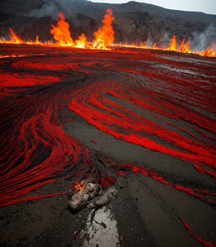 Depict a hellscape from a human eye-level perspective. Flames are fiercely dancing, with strong emphasis on shades of red, orange, and black. The charred ground stretches out, revealing tormented souls and rivers of lava. In the background, desolate terrain and crumbling structures can be seen, creating an overall atmosphere of despair and terror.