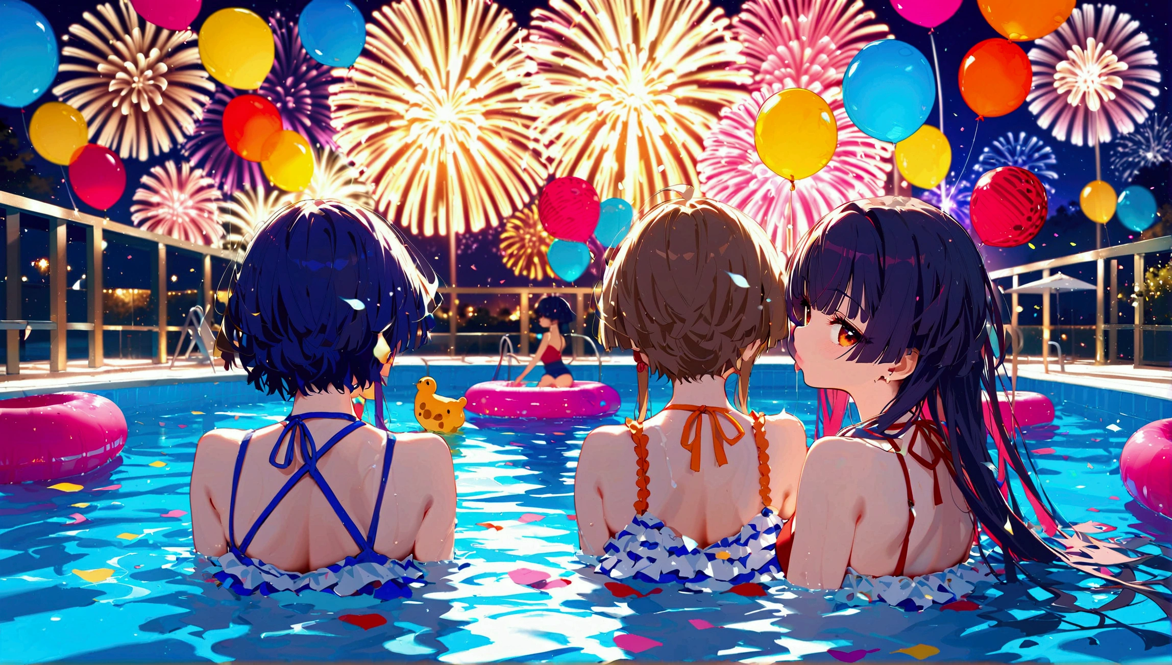 score_9, score_8_up, score_7_up, score_6_up, masterpiece, top quality, best quality, official art, beautiful and aesthetic, anime_source, centered, cinematic scene,Group of woman swimming in a pool, multi ethnics, diverse, pool party, balloons and confetti, cakes everywhere, (art by Yuko Shimizu:1.2), vibrant colors, night, fireworks, epic composition, epic proportion, 8K, Expressiveh