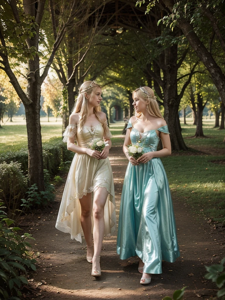 2 blondes women, dressed in fairy dress, in an enchanted place, pretty light, fairy style