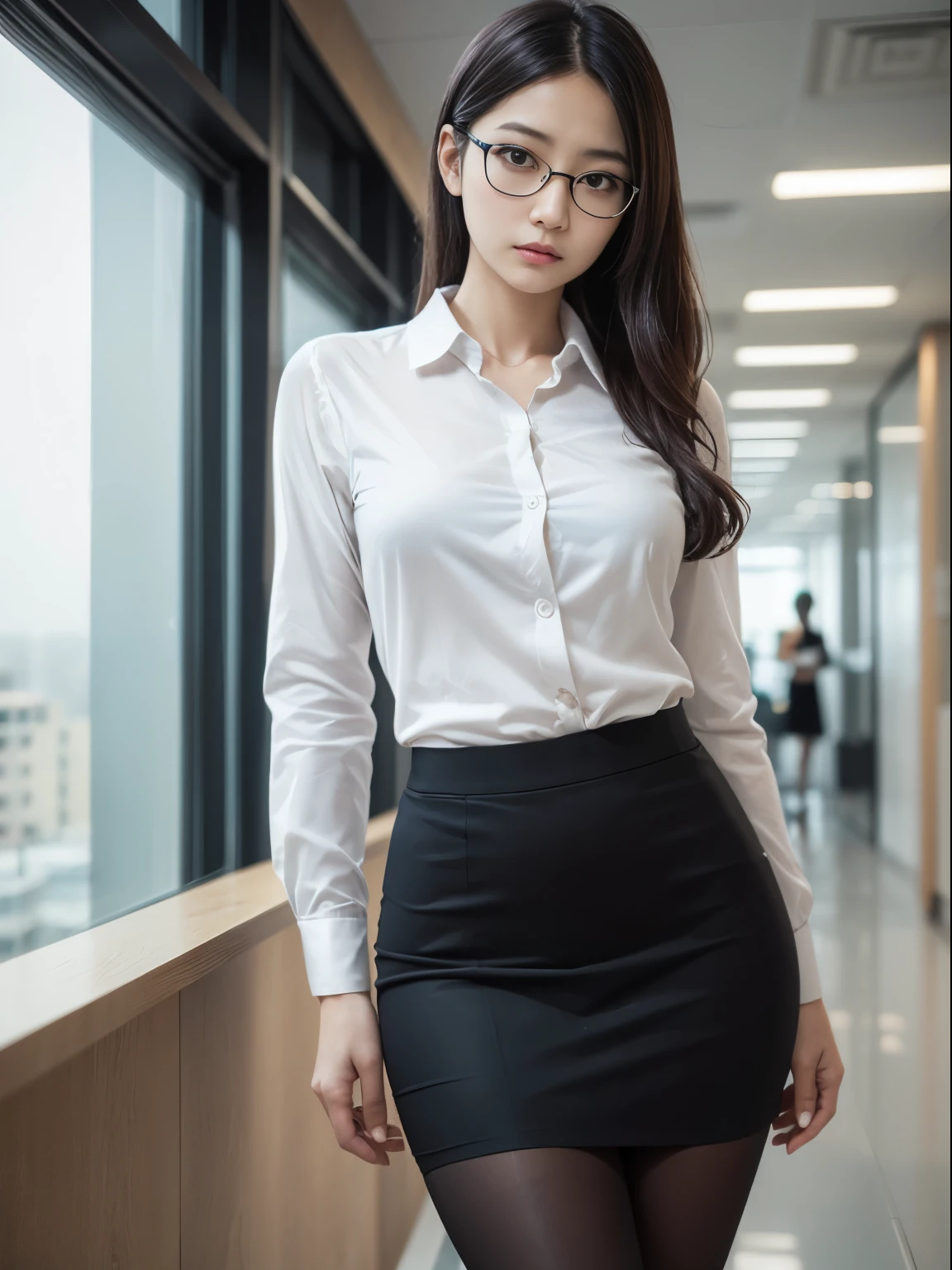 (alone、solo)、A 20-something office lady in an office uniform poses for a photo、(Black Pantyhose)、(Half Up)、victory、Tsundere、Single knot、OL、suit、Blue mall face、anger、、Glasses、Slim girl model photo、Body:The smallest middle-aged man in history、Female Model、Japanese female fashion model、(8K、RAW Photos、Highest quality、masterpiece:1.2)、(Real、Photorealistic:1.37)、Ultra high definition、Ultra high definition、Office Street、Standing position、whole body、((((SEXY)))