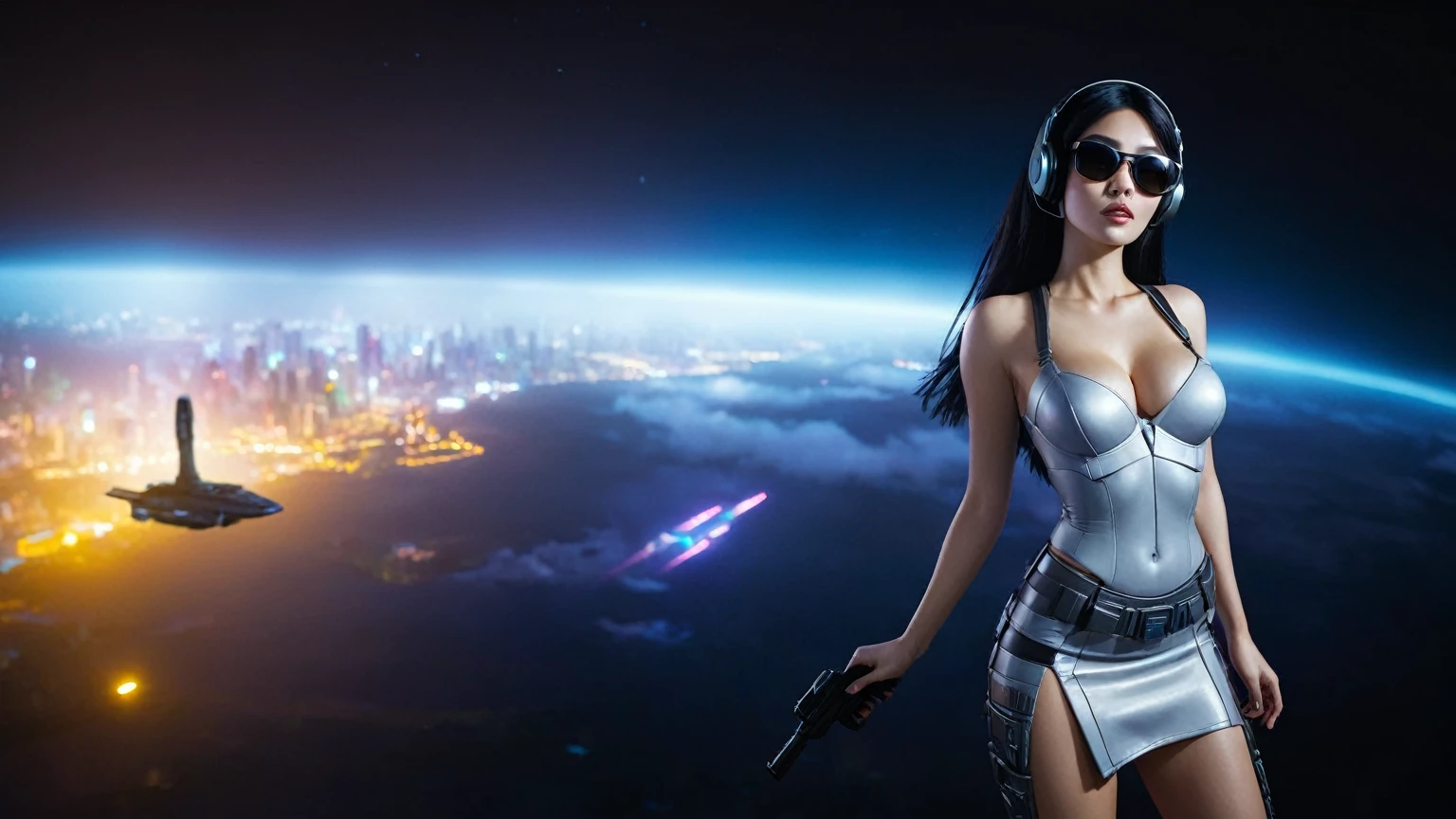 At night, dark sky, medium shot aerial view of fantasy cyberpunk style ((Moai-statue)) city, ((flying vehicle)). ((1girl, solo, alone)), medium-breast:1.1 slim body, cleavage, sexy clothes, (headphone, black sunglasses, long black realistic hair), (((hip-up standing and pistol aiming pose))), half-body thigh level medium shot, cinematic lighting.