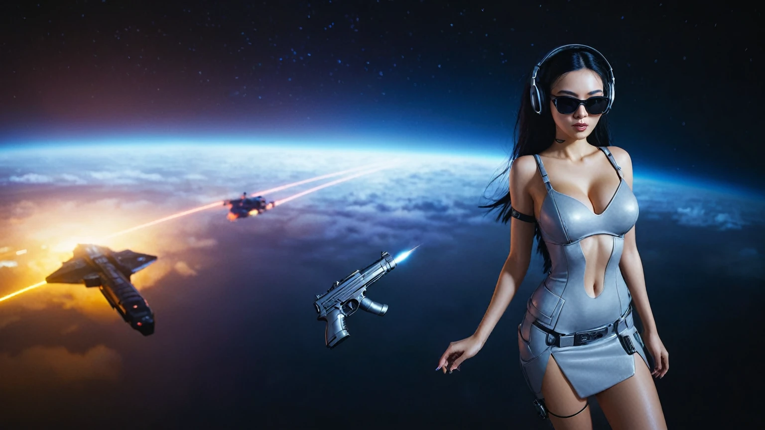 At night, dark sky, medium shot aerial view of fantasy cyberpunk style ((Moai-statue)) city, ((flying vehicle)). ((1girl, solo, alone)), medium-breast:1.1 slim body, cleavage, sexy clothes, (headphone, black sunglasses, long black realistic hair), (((hip-up standing and pistol aiming pose))), half-body thigh level medium shot, cinematic lighting.