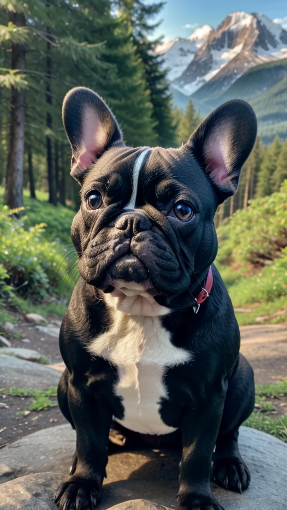 Create an AI-generated image of a French Bulldog with a forest or mountain-themed background. The dog should look straight at the camera, exuding confidence and playfulness. The background should feature elements like trees, foliage, or rocky terrain, capturing the essence of nature without overshadowing the focus on the French Bulldog.