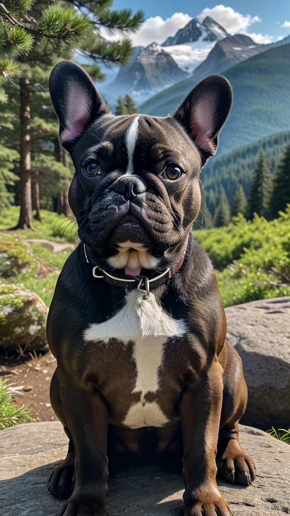 Create an AI-generated image of a French Bulldog with a forest or mountain-themed background. The dog should look straight at the camera, exuding confidence and playfulness. The background should feature elements like trees, foliage, or rocky terrain, capturing the essence of nature without overshadowing the focus on the French Bulldog.