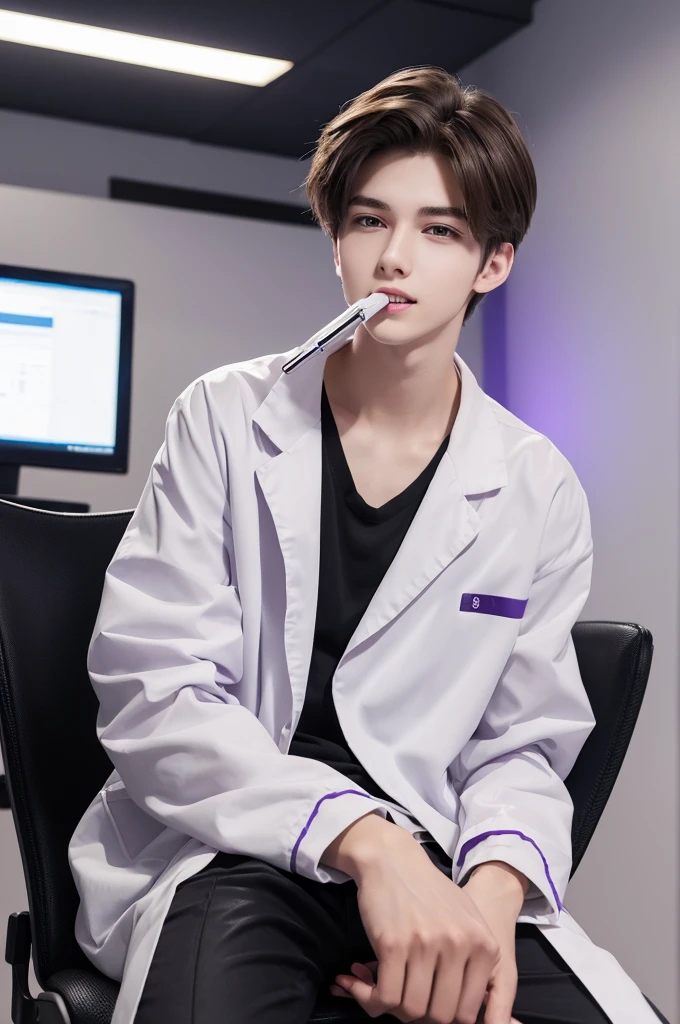 Refreshing young man
Beautiful young man
20 years old
slender
Brown hair
Purple eyes
Cyber Laboratory
Dark near-future lab
White lab coat
Chewing a pen
Biting a ballpoint pen with teeth
Thinking
Turn your body to the right
right side
Sit down
Plush black chair
hair down in front of head