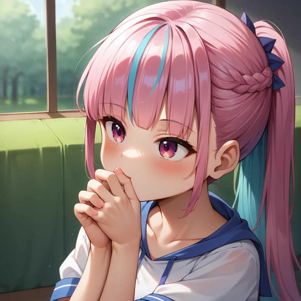 score_9, score_8_wonderful, anime, NSFW Hololive,Minato Akua, Pink hair, smelling one's own armpits, smelly armpits, huge butt, easy-to-give-birth body type, armpit hair, toilet, disgusted face, crying face, panties aside, pussy, pussy juice, 1boy kiss, vaginal penis, fat man, internal , torn clothes