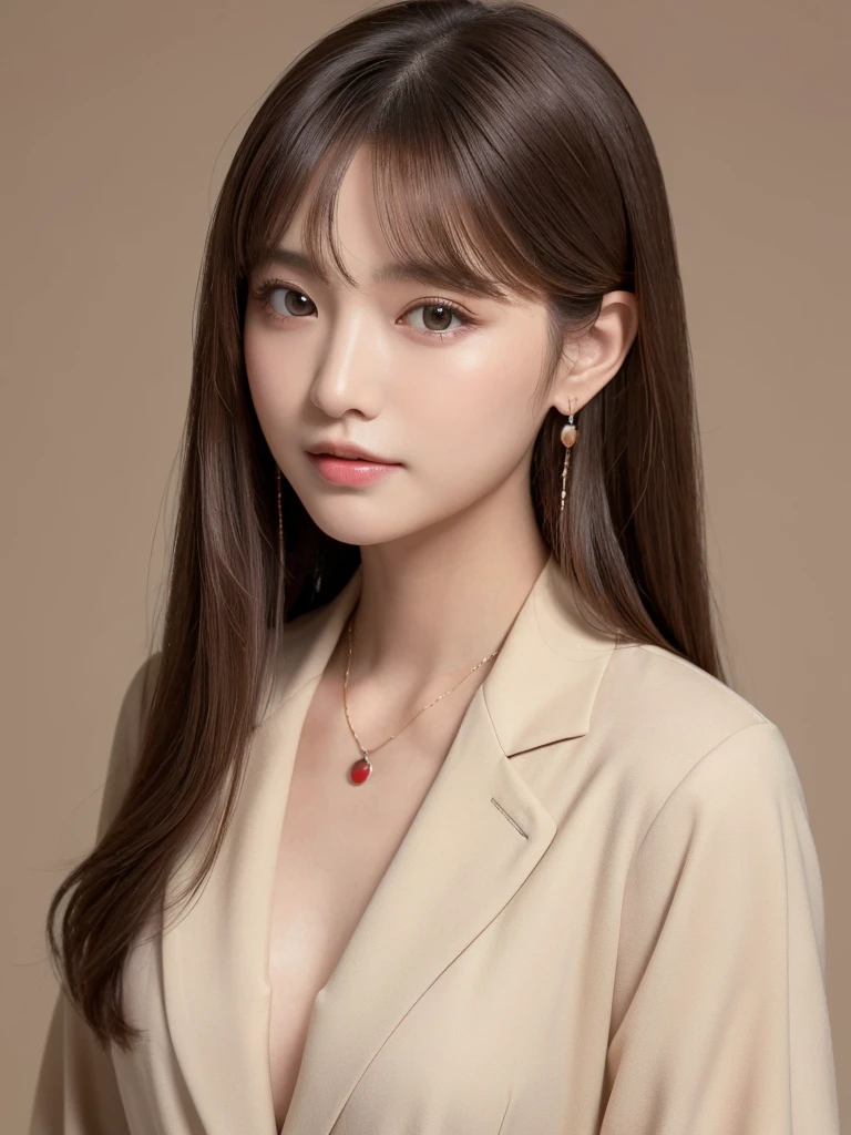 ((Highest quality, 8K, masterpiece:1.3)), concentrate: 1.2, Perfect body beauty: 1.4, Hips: 1.2, ((Long Hair, chest: 1.2)), (Dry clothes: 1.1) , (clear, Simple Background:1.3), Simple clothes: 1.1, Highly detailed face and skin texture,Delicate eyes, double eyelid, Whitened skin, Rough skin、Long Hair、Earrings with bangs、necklace、 solo、Beige coat、White shirt, (((Beautiful girl with cute Japan)))、 ((Beautiful Japanese girl 20 years old))、 ((Baby Face))、 (((Slender body)))、 Upper Body,Face focus、necklace,Simple Background,From above, Realistic Hair、 A photograph was taken:Canon EOS R6、135mm、1/1250 seconds、f2.8、ISO400、(Detailed explanation of the hand)、(Masseter muscle area)、(Exquisite CG)、Long Hair, loose and curly hair、Korean Hair、Long Hair明るいベージュ色、グラデーションハイライトグレージュのゆるふわLong Hairスタイル、