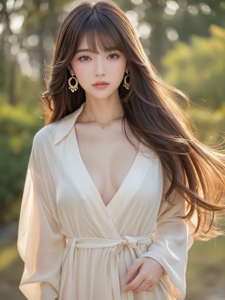 ((Highest quality, 8K, masterpiece:1.3)), concentrate: 1.2, Perfect body beauty: 1.4, Hips: 1.2, ((Long Hair, chest: 1.2)), (Dry clothes: 1.1) , (clear, Simple Background:1.3), Simple clothes: 1.1, Highly detailed face and skin texture,Delicate eyes, double eyelid, Whitened skin, Rough skin、Long Hair、Earrings with bangs、necklace、 solo、Beige coat、White shirt, (((Beautiful girl with cute Japan)))、 ((Beautiful Japanese girl 20 years old))、 ((Baby Face))、 (((Slender body)))、 Upper Body,Face focus、necklace,Simple Background,From above, Realistic Hair、 A photograph was taken:Canon EOS R6、135mm、1/1250 seconds、f2.8、ISO400、(Detailed explanation of the hand)、(Masseter muscle area)、(Exquisite CG)、Long Hair, loose and curly hair、Korean Hair、Long Hair明るいベージュ色、グラデーションハイライトグレージュのゆるふわLong Hairスタイル、