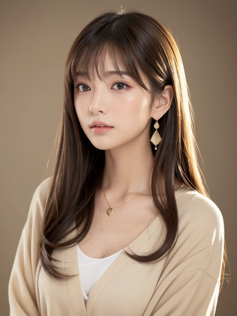  ((Highest quality, 8K, masterpiece:1.3)), concentrate: 1.2, Perfect body beauty: 1.4, Hips: 1.2, ((Long Hair, chest: 1.2)), (Dry clothes: 1.1) , (clear, Simple Background:1.3), Simple clothes: 1.1, Highly detailed face and skin texture,Delicate eyes, double eyelid, Whitened skin, Rough skin、Long Hair、Earrings with bangs、necklace、 solo、Beige coat、White shirt,  (((Beautiful girl with cute Japan)))、  ((Beautiful Japanese girl 20 years old))、 ((Baby Face))、 (((Slender body)))、  Upper Body，Face focus、necklace，Simple Background，From above， Realistic Hair、 A photograph was taken:Canon EOS R6、135mm、1/1250 seconds、f2.8、ISO400、(Detailed explanation of the hand)、(Masseter muscle area)、(Exquisite CG)、Long Hair, loose and curly hair、Korean Hair、Long Hair明るいベージュ色、グラデーションハイライトグレージュのゆるふわLong Hairスタイル、