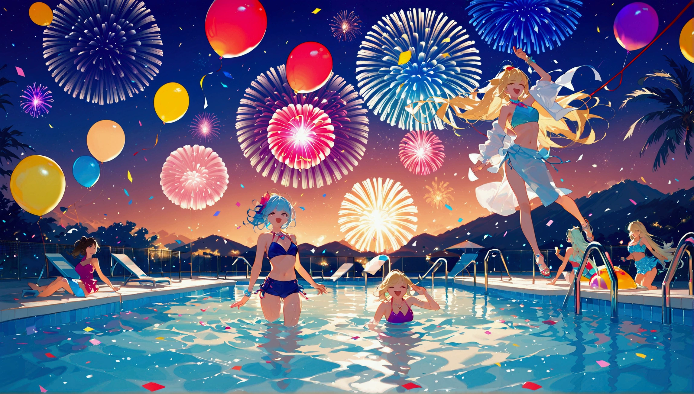 score_9, score_8_up, score_7_up, score_6_up, masterpiece, top quality, best quality, official art, beautiful and aesthetic, anime_source, centered, cinematic scene,Group of woman swimming in a pool, multi ethnics, diverse, pool party, balloons and confetti, cakes everywhere, vibrant colors, night, fireworks, epic composition, epic proportion, 8K, Expressiveh