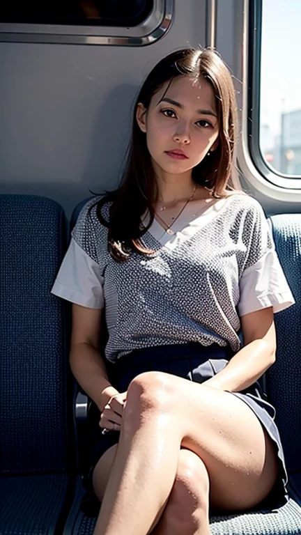 masterpiece, High resolution, Ultra High resolution, 4K, Black Hair, Japanese Girls, Uniform skirt, Accentuate your thighs, White thighs, Soft thighs, Shiny thighs, Sitting on a train, Facing angle, Angle from below, Sitting on a train Seat, Sit in front, Zoom camera to hip joint, Put your feet on the train floor, whole body, Looking down and sleepy, Only watching the audience, Highest quality, Ultra High resolution, Realistic, High resolution, detailed, RAW Photos, sharp, Nikon Film Pictures, Images and Stock Photos, Rich lens color, Ultra-realistic and realistic texture, Dramatic lighting, Unreal Engine,