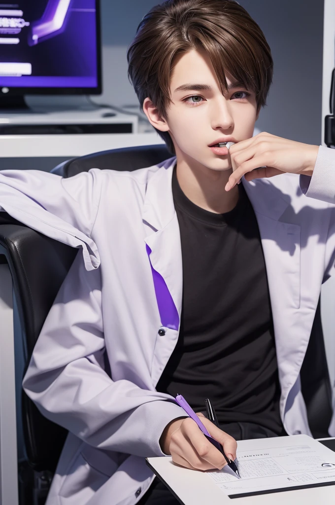 Refreshing young man
Beautiful young man
20 years old
slender
Brown hair
Purple eyes
Cyber Laboratory
Dark near-future lab
White lab coat
Chewing a pen
Biting a ballpoint pen with teeth
Thinking
Turn your body to the right
right side
Sit down
Plush black chair
hair down in front of head