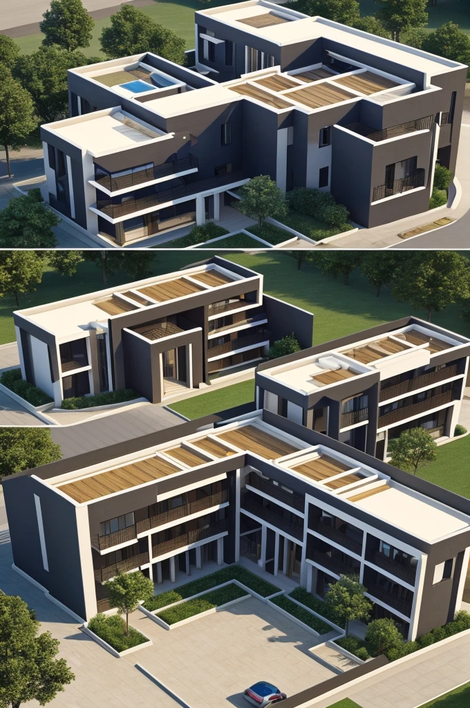 Create me a building that complies with the guideline principle in its design, in hair perspective and with side view, top view and front view 
