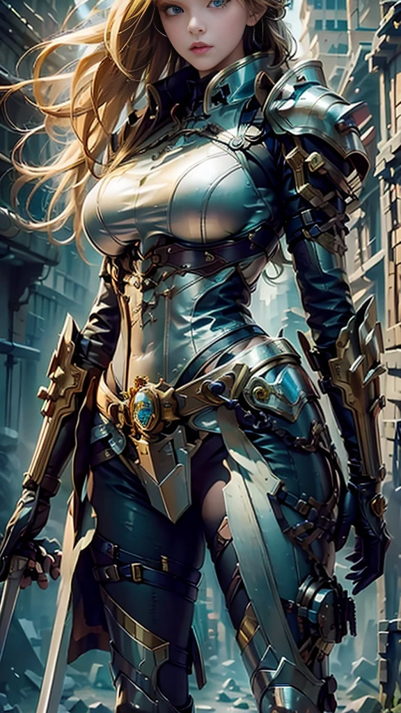 ((best quality)), ((masterpiece)), (detailed), 1 girl, Girl,Long blond hair,Green Eyes,Wearing grey steampunk armor,Holding a long sword,Background is the ruins of the city。