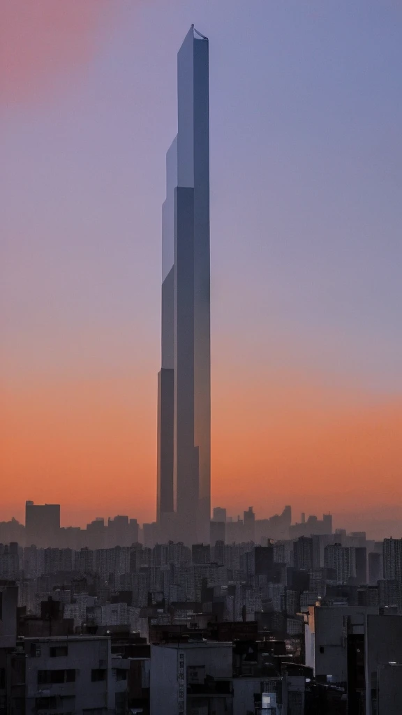 Sunset sky。Low and tall buildings stand out in an odd way.。Projection in Perspective。