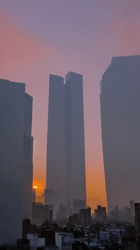 Sunset sky。Low and tall buildings stand out in an odd way.。Projection in Perspective。