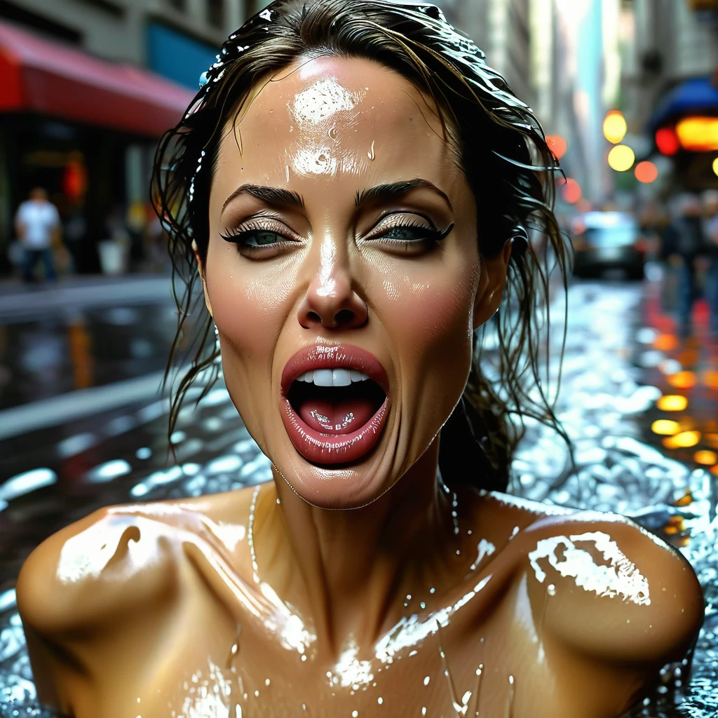 ((best quality)), ((masterpiece)), (detailed), perfect face, Hyper realistic, Angelina Jolie, perky breasts, fully nude, dripping wet, screaming, on a busy city street, (giving a blowjob:1.4)