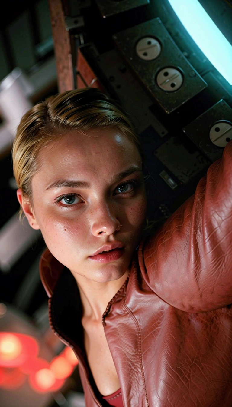 Blonde woman in leather jacket leaning against a wall with a neon light, Kristanna Loken, doom beautiful face,