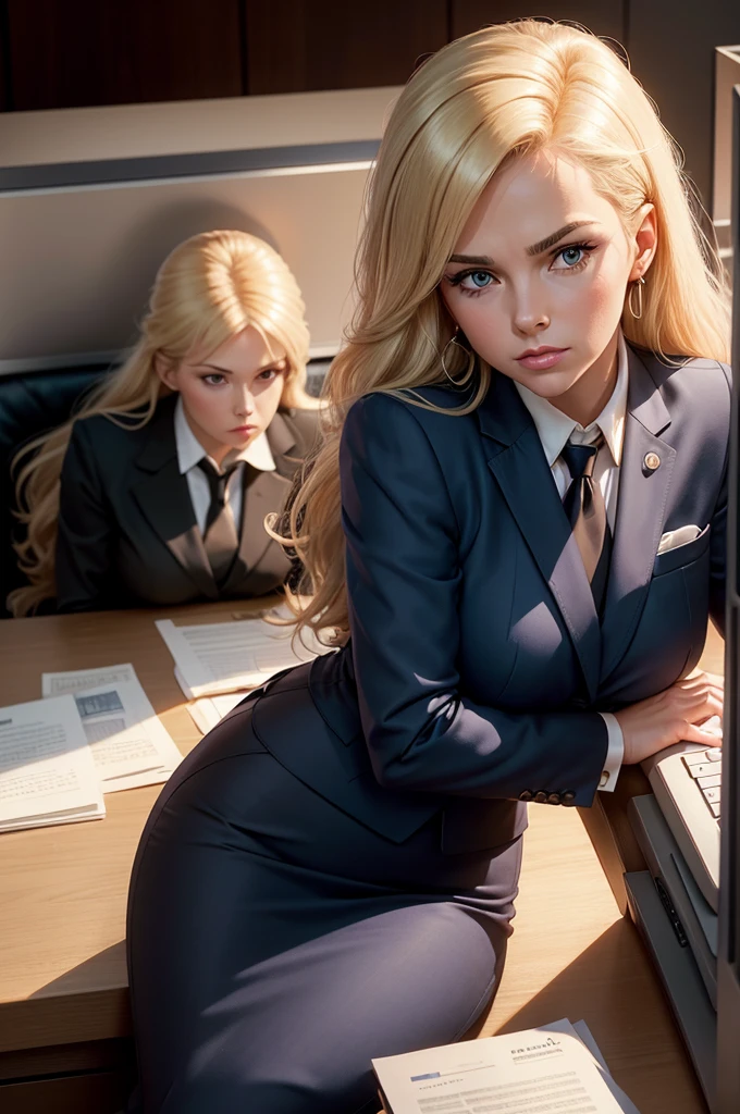 blond woman sitting at desk talking on telephone with computer monitor, 1 9 8 0 s business fashion, business woman, 1 9 8 0 s woman, woman in business suit, young business woman, denis velleneuve, female in office dress, sat at her desk, female lawyer, wearing a strict business suit, serious business, working hard, portrait of kim wexler
