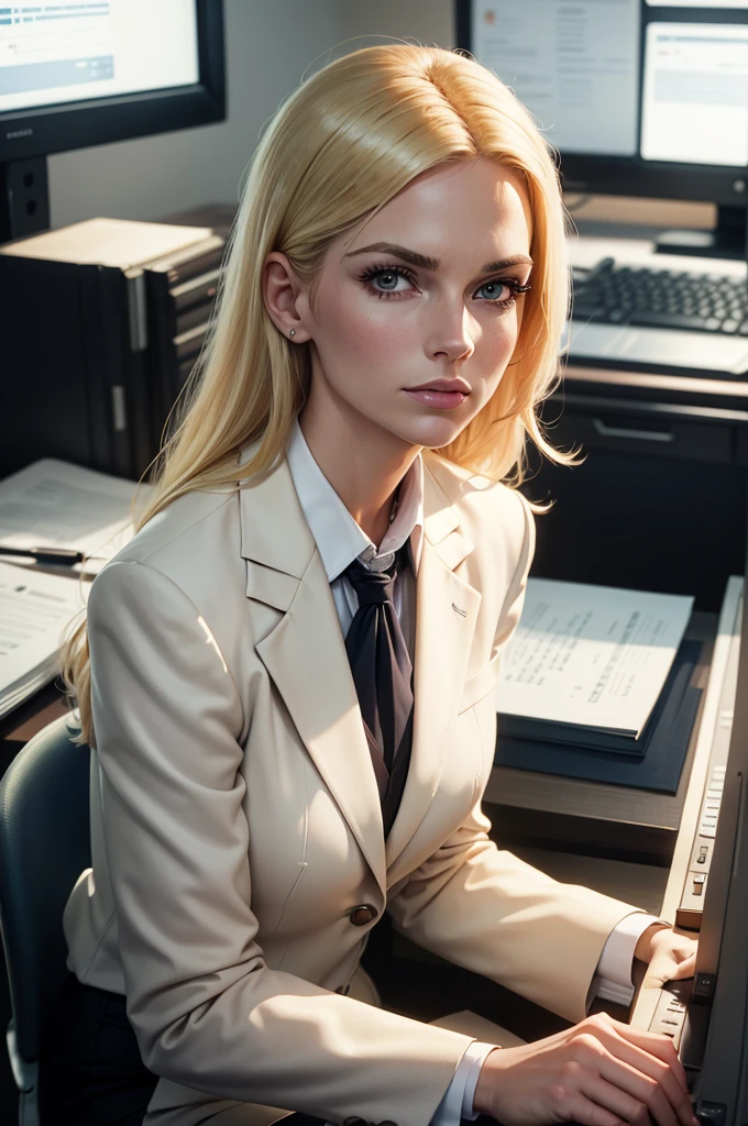 blond woman sitting at desk talking on telephone with computer monitor, 1 9 8 0 s business fashion, business woman, 1 9 8 0 s woman, woman in business suit, young business woman, denis velleneuve, female in office dress, sat at her desk, female lawyer, wearing a strict business suit, serious business, working hard, portrait of kim wexler