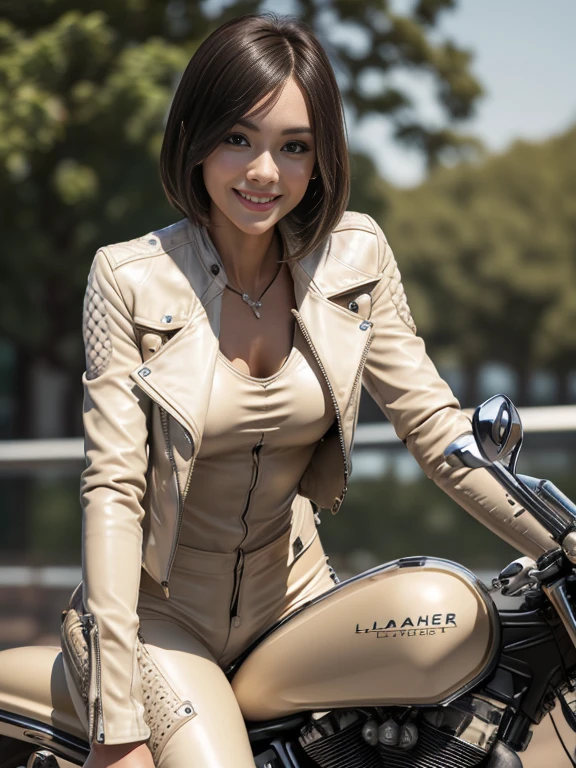 ((best quality)), ((masterpiece)), ((perfect face)), ((detailed motorcycle))、Realistic and clear photos、((A beautiful woman riding a motorcycle))、slender body、long legs、full body shot、smile、(((Beige long sleeve riding jacket and leather pants)))