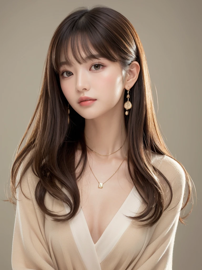  ((Highest quality, 8K, masterpiece:1.3)), concentrate: 1.2, Perfect body beauty: 1.4, Hips: 1.2, ((Long Hair, chest: 1.2)), (Dry clothes: 1.1) , (clear, Simple Background:1.3), Simple clothes: 1.1, Highly detailed face and skin texture,Delicate eyes, double eyelid, Whitened skin, Rough skin、Long Hair、Earrings with bangs、necklace、 solo、Beige coat、White shirt,  (((Beautiful girl with cute Japan)))、  ((Beautiful Japanese girl 20 years old))、 (())、 (((Slender body)))、  Upper Body，Face focus、necklace，Simple Background，From above， Realistic Hair、 A photograph was taken:Canon EOS R6、135mm、1/1250 seconds、f2.8、ISO400、(Detailed explanation of the hand)、(Masseter muscle area)、(Exquisite CG)、Long Hair, loose and curly hair、Korean Hair、Long Hair明るいベージュ色、グラデーションハイライトグレージュのゆるふわLong Hairスタイル、