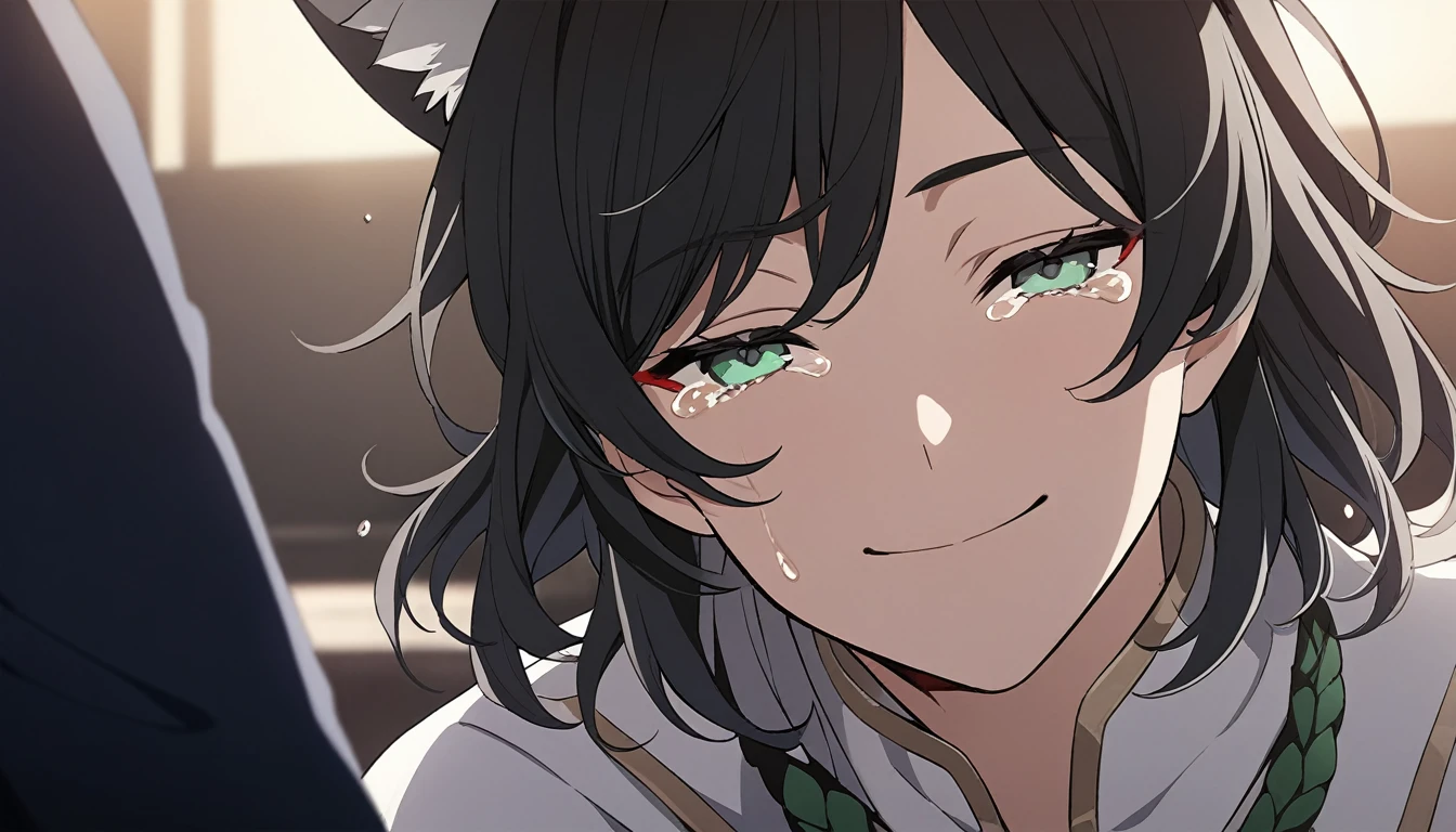 (masterpiece,detailed,highres:1.4), anime artwork. anime style, key visual, vibrant, highly detailed, red and green eyes, fox ears, crying, upper body, black hair, white tips, falling tears, smiling, solo, soft smile, male,
