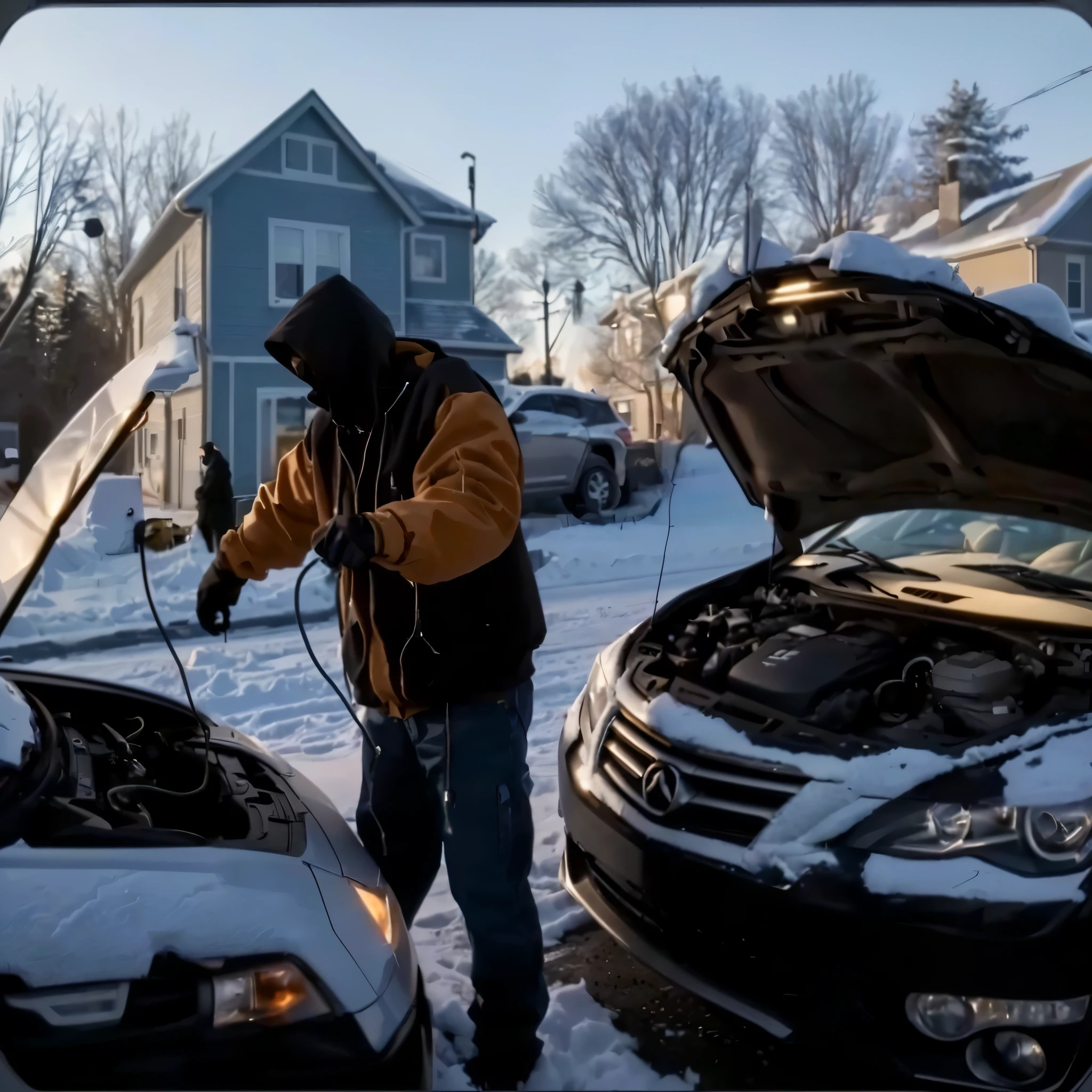 Extremely high image quality，real，photography，A hooded man and two cars with their hoods open, User Photos, accurately depicted, User Photosture，A clamp on the car battery，Man holding a clip，Connect two cars with two wires，One car charges another car，Open engine compartment，Clear internal structure，accurate depiction, Mechanical details，Rich details