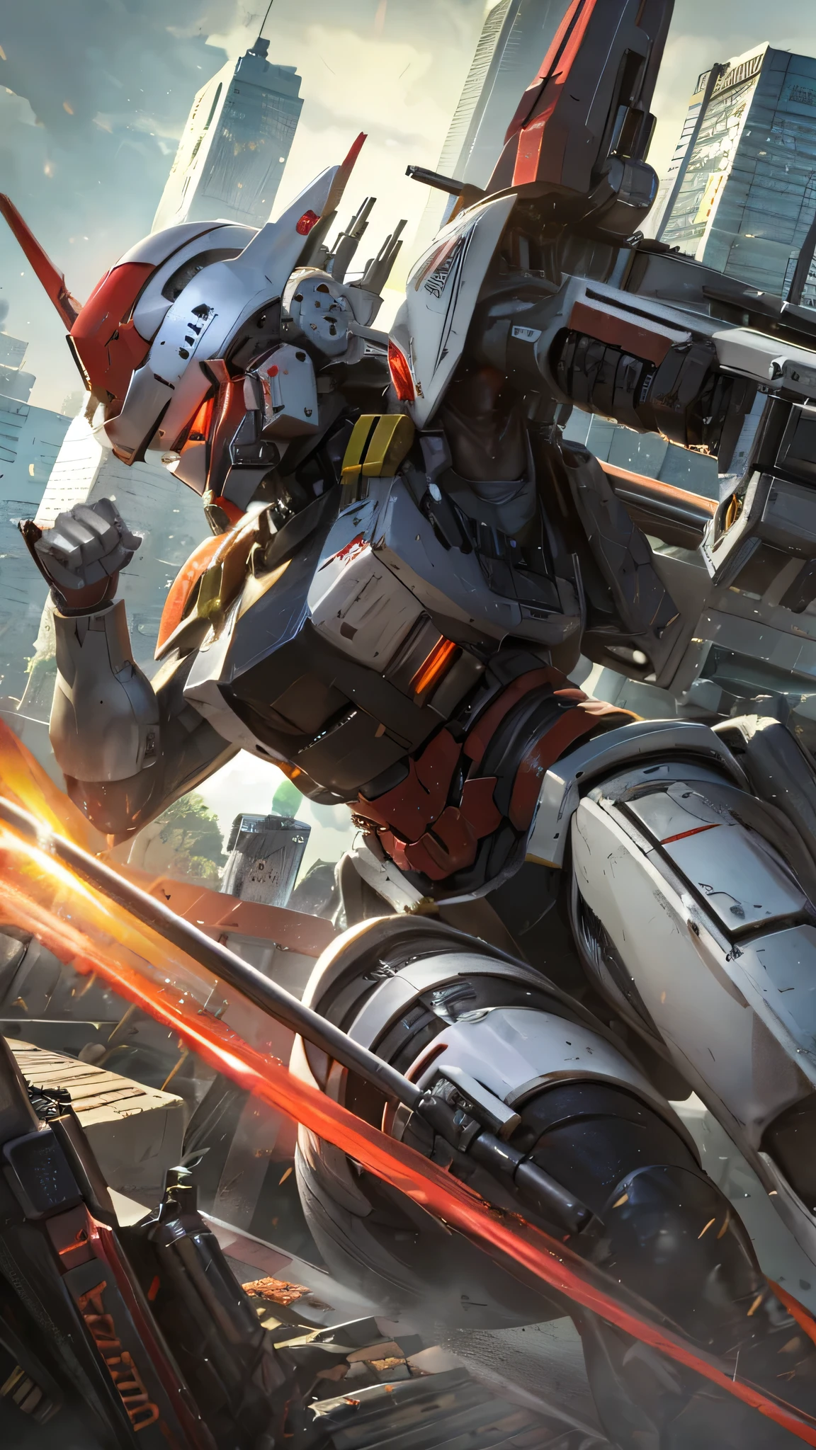 最high quality、Best image quality、masterpiece、Giant Mecha((humanoid、black body、Railgun、Bulletproof vest、Jetpack、Red visor、Run、Chainsaw,Covered in scars))high quality、Beautiful art、background((city)),Tabletop、Exquisite design、Visual Arts、Written boundary depth、Best lighting、The finest details、8k