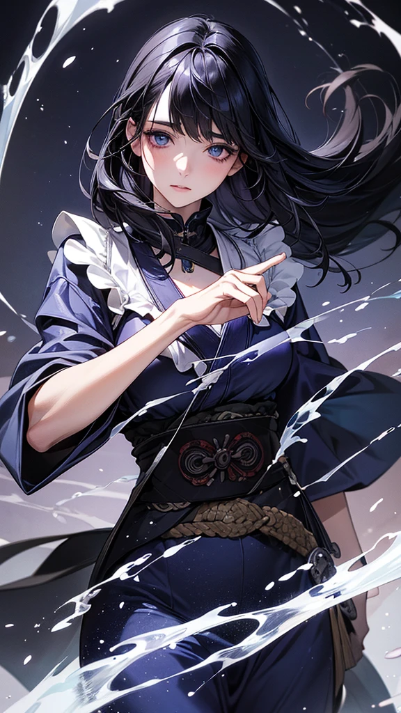 Highest quality, Ultra-high resolution, (Realistic: 1.4), Beautiful eyes, Super beautiful, Beautiful beauty, One person、witch, Japanese clothing、Black and indigo tones、water and ice、whole body、(Black Hair、Medium Hair),Beautiful soldier, Eyes that beckon, Droopy eyeistress's point of view, Attractive look, Fearless smile, (Perfect Anatomy, Anatomically correct, Highly detailed skin), snow