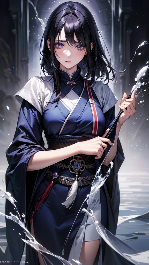Highest quality, Ultra-high resolution, (Realistic: 1.4), Beautiful eyes, Super beautiful, Beautiful beauty, One person、witch, Japanese clothing、Black and indigo tones、water and ice、whole body、(Black Hair、Medium Hair),Beautiful soldier, Eyes that beckon, Droopy eyeistress&#39;s point of view, Attractive look, Fearless smile,  (Perfect Anatomy, Anatomically correct, Highly detailed skin), snow