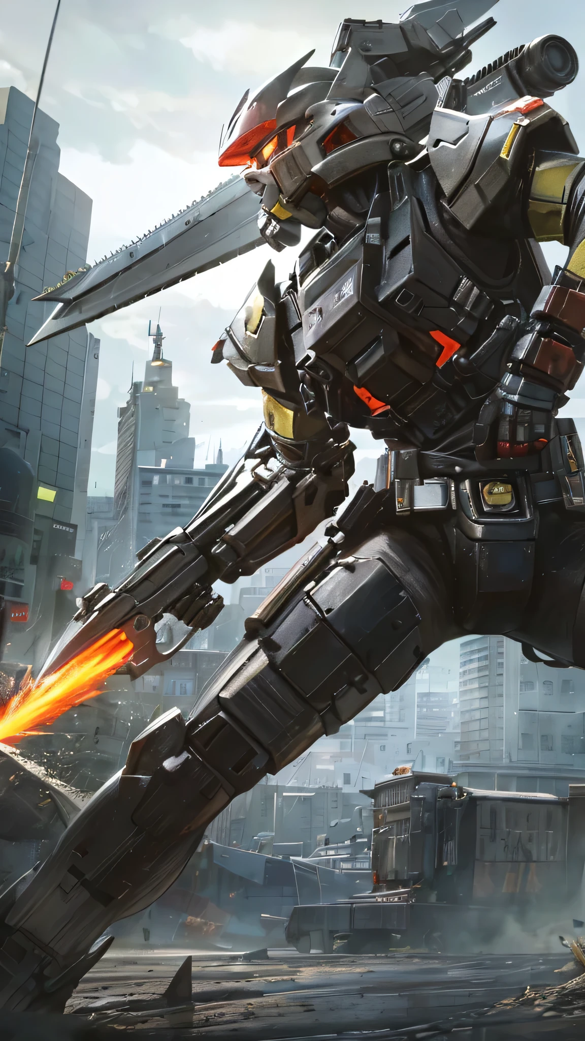 最high quality、Best image quality、masterpiece、Giant Mecha((humanoid、black body、Railgun、Bulletproof vest、Jetpack、Red visor、Run、Chainsaw,Covered in scars))high quality、Beautiful art、background((city)),Tabletop、Exquisite design、Visual Arts、Written boundary depth、Best lighting、The finest details、8k